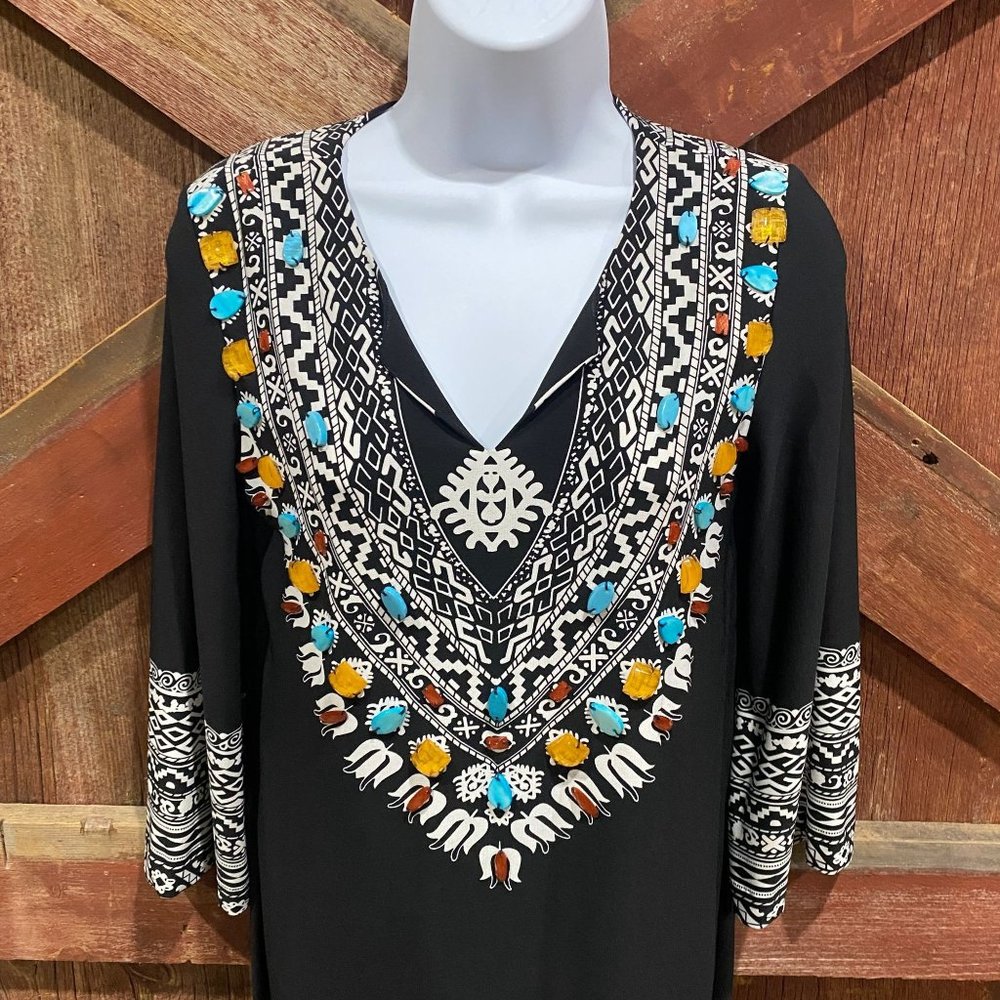 Chico's Beaded Southwestern Dress Size Small 0, Size 4 Stretch Colorful Bell Sle - Picture 4 of 12